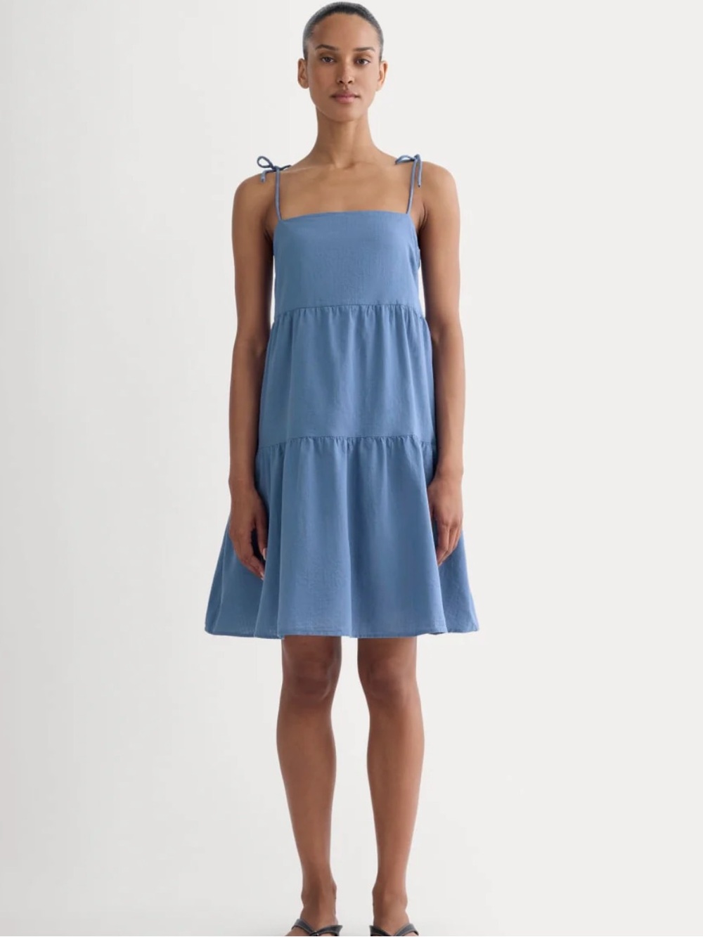 Everlane gauze Tiered Tie-Shoulder mini dress in Dusty Blue